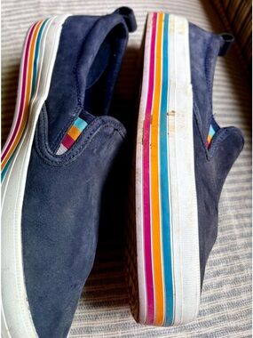 Sperry Navy Suede Slip-On Sneakers with Rainbow Stripe detail